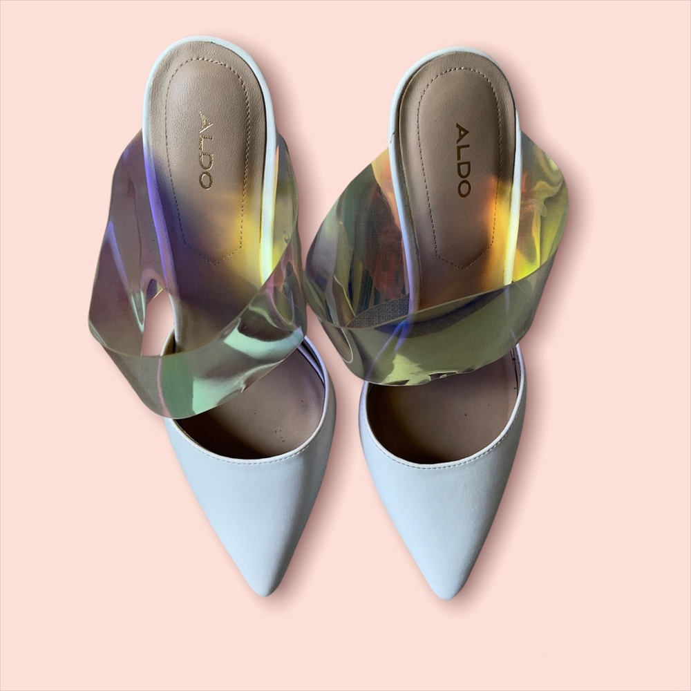 Aldo, white and holographic mule size 8.5
